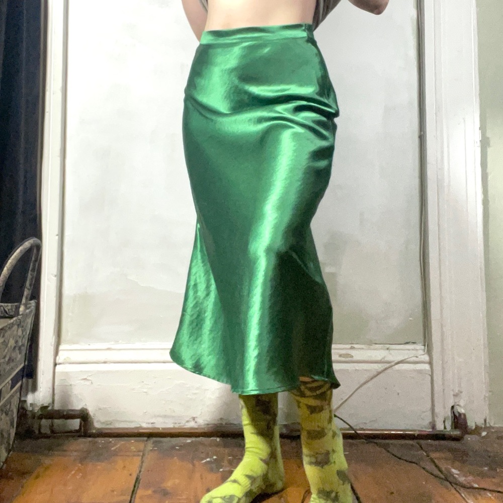 Vibrant Green Silky Midi Skirt